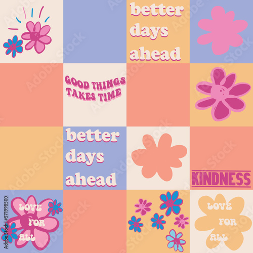 Cute, retro, conversational, checkerboard, checks, seamless pattern print, typography, lettering, positive quotes, slogans, fabric, textile, tshirt, sweatshirt, tshirt, girls, women, kids, fashion