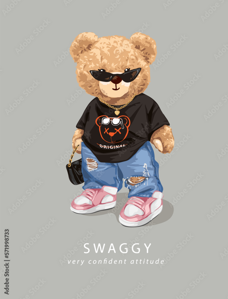 Vetor de swaggy slogan with bear doll in street fashion oversized tee