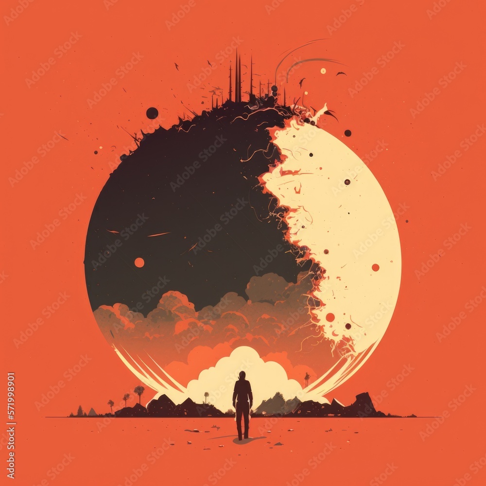 Naklejka premium A cataclysmic event causes the world to end, threat of humanity, AI generation.