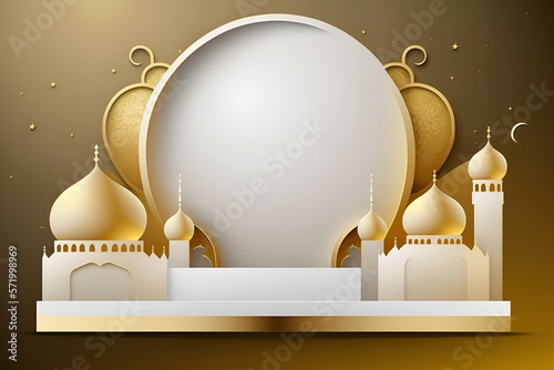 Ramadan kareem and eid greeting 3d background with cute mosque podium
