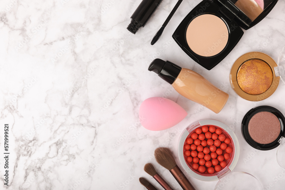 Beauty blender and foundation, bb cream or concealer, blush, eye shadow and  other cosmetics on a colored background. Bright sponges for make-up  cosmetics. Makeup products. Beauty concept. flat lay Photos | Adobe