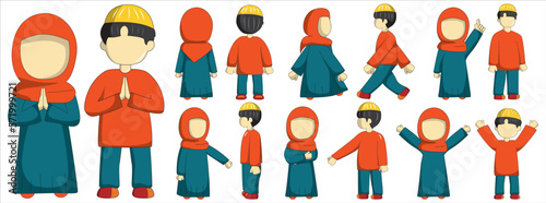 Moslem boy and girl character with emerald and orange outfit. Moslem couple cartoon character. Suitable for ramadhan graphic design element and sticker pack