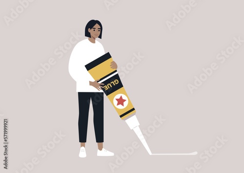A young female Caucasian character holding a giant tube of glue