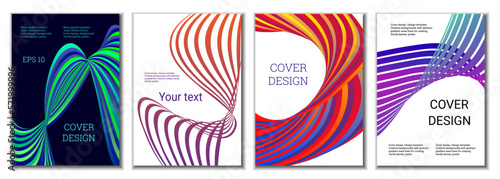 A set of 4 abstract covers. Wavy parallel gradient lines, ribbons evolve. Cover design, background. Trendy banner, poster.