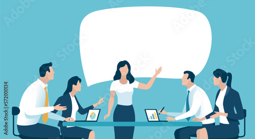 Announcement. A female manager points at speech bubble, space for your message. Business meeting vector illustration.