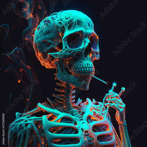 Neon skeleton smoking a cigar in a black background © GaMe