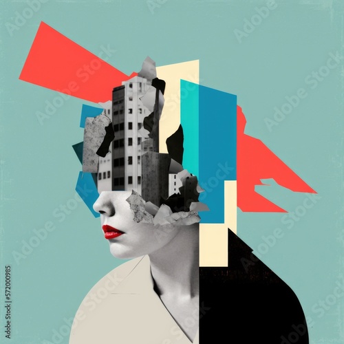 Digital collage modern art of human emotions, anxious nervous apprehensive, AI generation.