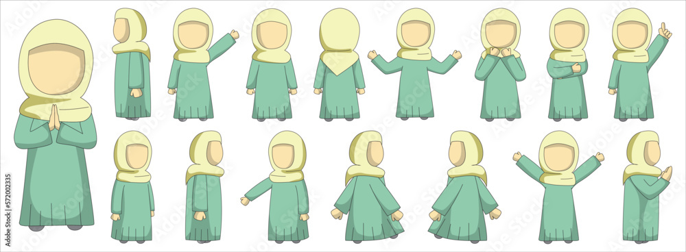 Moslem girl character with turquoise and cream outfit. Suitable for ramadhan graphic design elements and sticker pack. Moslem girl cartoon character. Moslem girl character with turquoise and cream outfit. Suitable for ramadhan graphic design elements and sticker pack. Moslem girl cartoon character.