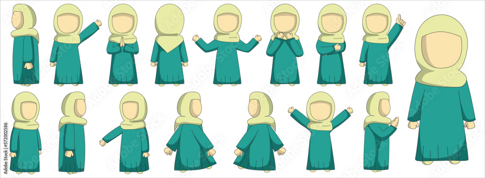 Moslem girl character with tosca and cream outfit. Suitable for ramadhan graphic design elements and sticker pack. Moslem girl cartoon character. Moslem girl character with tosca and cream outfit. Suitable for ramadhan graphic design elements and sticker pack. Moslem girl cartoon character.