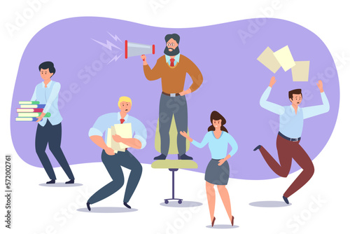 Angry team leader shouting at team vector illustration. Boss standing on chair with megaphone and office workers running in hurry with papers and books on white background. Deadline  teamwork concept