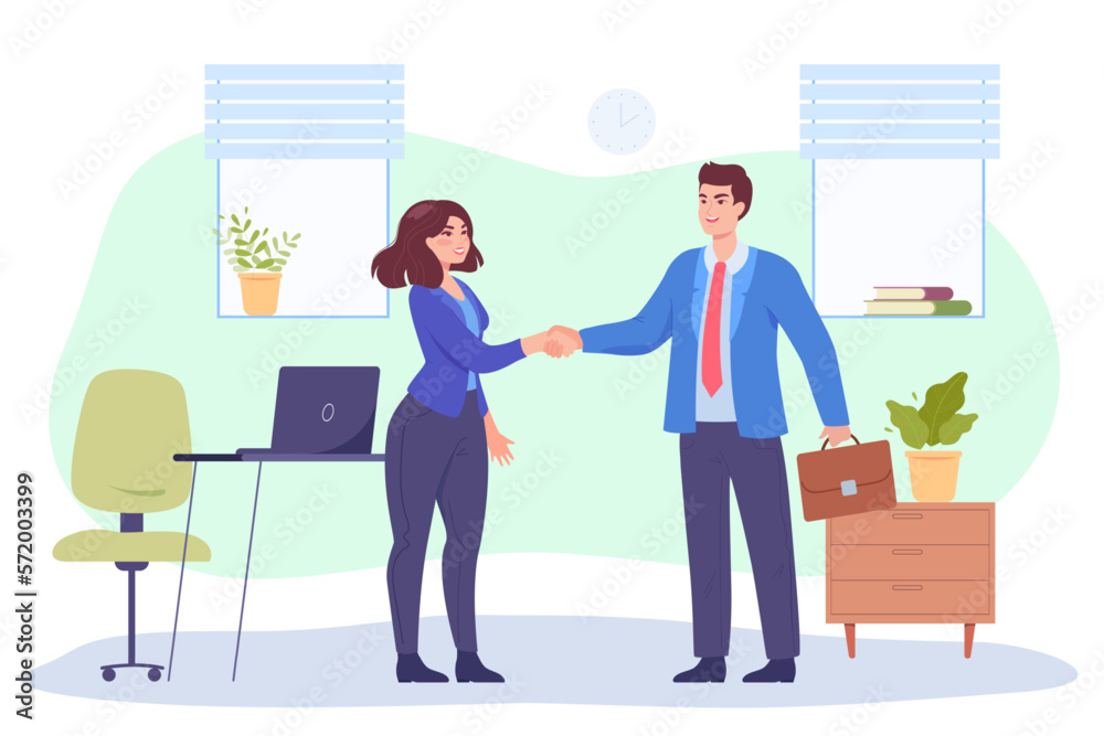 Obraz premium Male and female business partners shaking hands in office. Meeting of sales manager with client flat vector illustration. Business, cooperation or partnership, deal concept for banner, website design