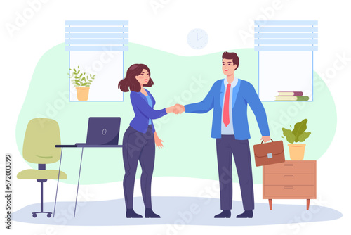 Male and female business partners shaking hands in office. Meeting of sales manager with client flat vector illustration. Business, cooperation or partnership, deal concept for banner, website design