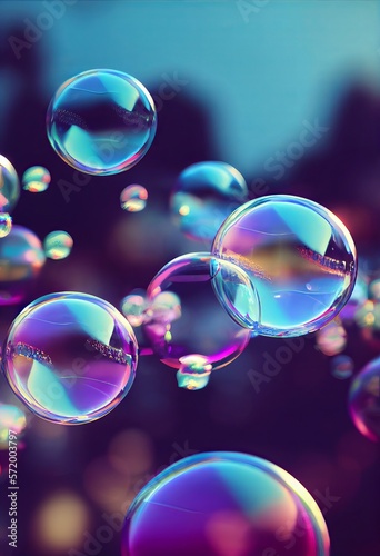 Colorful soap bubbles floating in the air abstract background. Glossy and shiny surface. Colorful soap bubbles pattern. Decorative AI generated realistic vertical interior poster.
