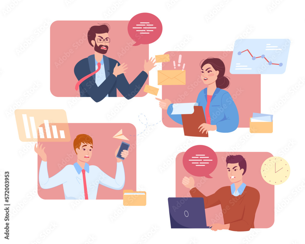 Angry colleagues arguing during video conference. Furious coworkers collaborating on project flat vector illustration. Teamwork, conflict, communication, remote work concept for banner, website design Angry colleagues arguing during video conference. Furious coworkers collaborating on project flat vector illustration. Teamwork, conflict, communication, remote work concept for banner, website design