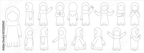 moslem girl sketch character set vector illustration. Suitable for graphic desgin elements and sticker pack