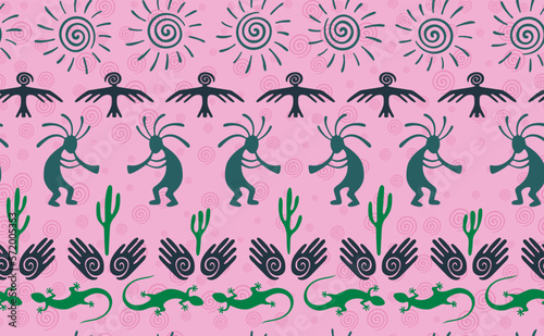 Kokopelli with flute, pangolin, hawk, sun symbol, hands and plant tribal vector seamless pattern.