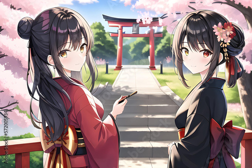 Shrine Visit - Two girls in kimono visit a shrine on a sunny day - Generative AI technology