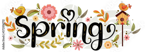 Hello SPRING. Floral Spring season design with color flowers, leaf and birds. Decoration background for banner, invitation, sale or more. Vector Illustration 
