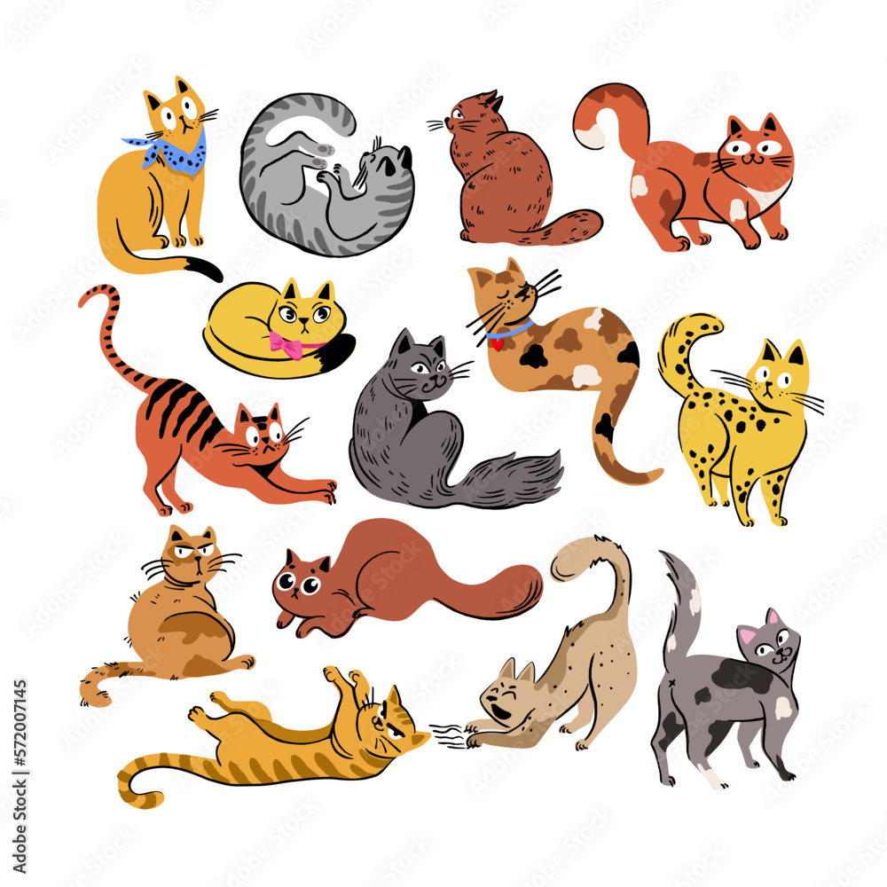 Obraz premium Cute and funny cats doodle set. Cartoon cat or kitten characters design collection with flat color in different poses