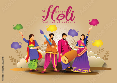 Happy holi festival of India background. group of people playing holi dance. vector illustration banner design