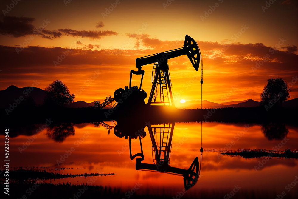 Oil pump oil rig energy industrial machine for petroleum in the sunset