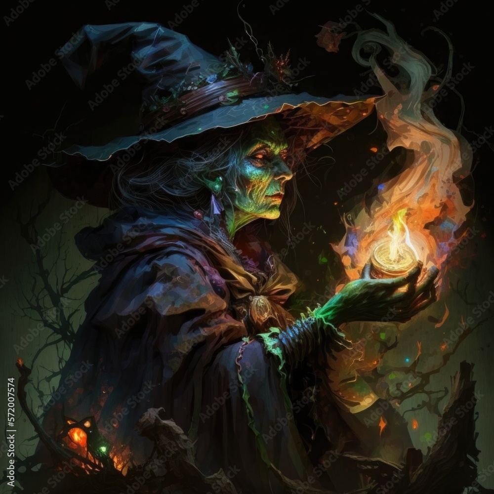 wicked witch casting spells of terror, fantasy art, AI generation.