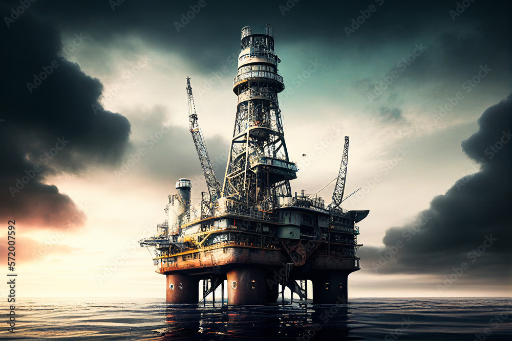 Show the scale of an oil rig by capturing it against a vast, open sky or body of water Generative AI