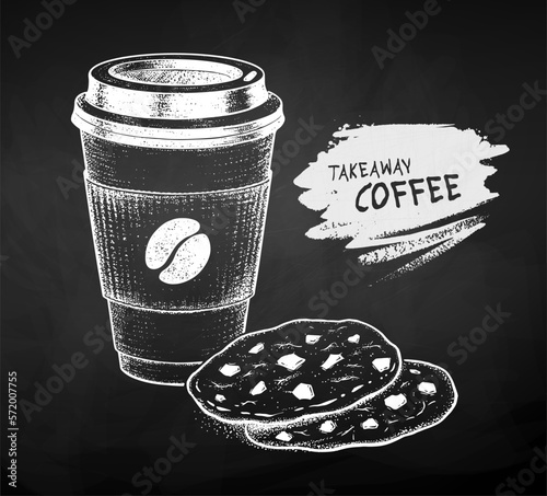 Sketchy chalked vector illustration of takeaway disposable Coffee cup and chocolate chip cookies with paint brush banner. Isolated on black chalkboard background.