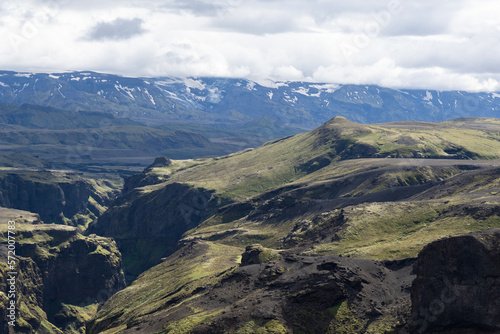 View of amazing landscape in Iceland while trekking famous Laugavegur trail