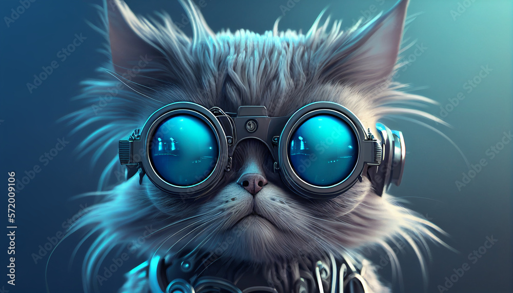 Portrait of robotic mechanist persian cat with glasses in monochromatic blue color. Portrait of robotic mechanist persian cat with glasses in monochromatic blue color.