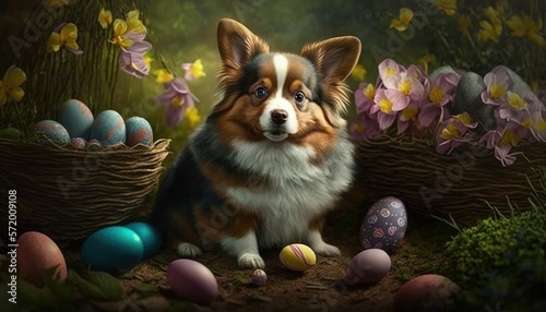 Cute dog with colorful easter eggs in a garden. Generative AI illustration.
