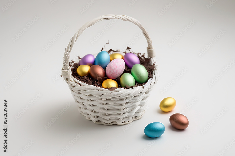 Fototapeta premium Metallic, Shiny Easter eggs in a white Wicker basket, Spring decorations, on an infinite white background
