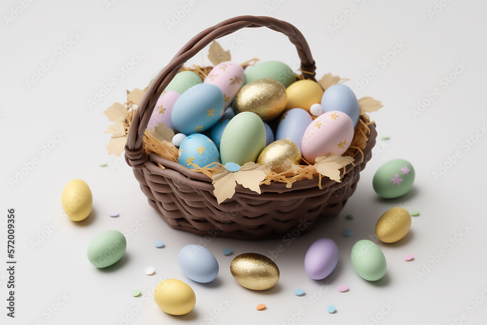 Sparkly shiny easter eggs in a basket, display, decoration, isolated on an infinite white background Sparkly shiny easter eggs in a basket, display, decoration, isolated on an infinite white background