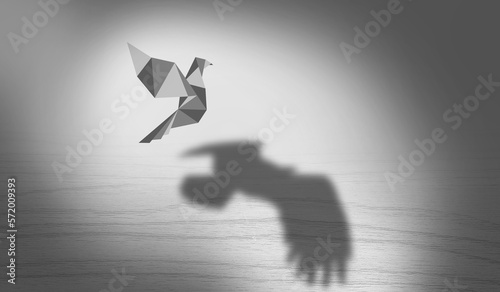 Flying Paper Dove with realistic Eagle Shadow. Business Concept of Dreams and Ambition. Creative Idea of Bird Imagination and Dreaming to become free and better.  Vision real wings Power 