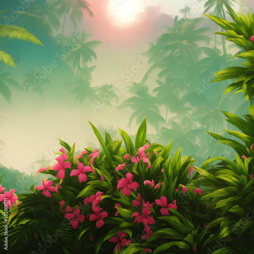 Landscape of a tropical island with palm trees and flowers  80s retro style. Generative AI