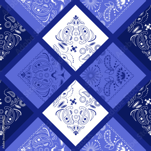 Blue bandana kerchief paisley fabric patchwork abstract vector seamless pattern
