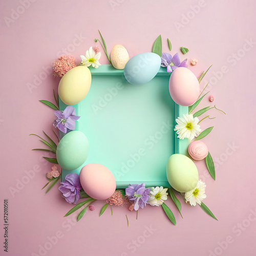 Flat lay Easter frame of fresh spring flowers and painted Easter eggs on a pastel background. Copy space. Illustration. Generative AI.