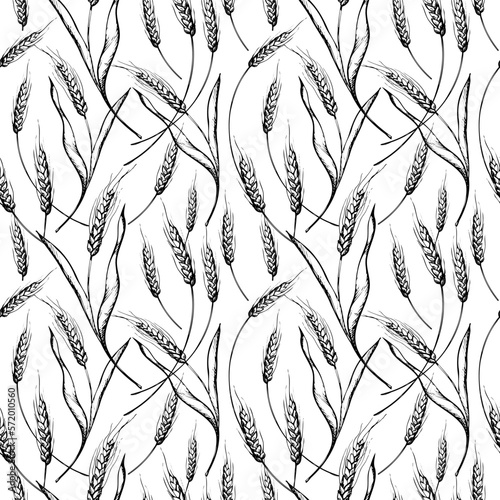 Cute seamless repeating pattern with ears of wheat on a white background. Floral ornament with an ear of wheat. Hand drawn. Delicate pattern, minimalist style, sketch