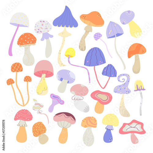 Big vector set of different abstract mushrooms isolated on white background.