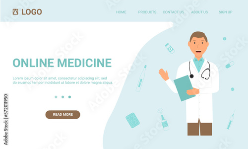 Internet page of online medicine services. Landing page. Flat. Vector.