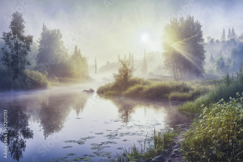 Warmy beautiful morning summer landscape with mist on a river. Generative AI