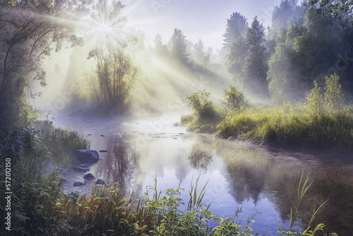 Warmy beautiful morning summer landscape with mist on a river. Generative AI