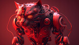 Portrait of robotic villain cat with monochromatic red color