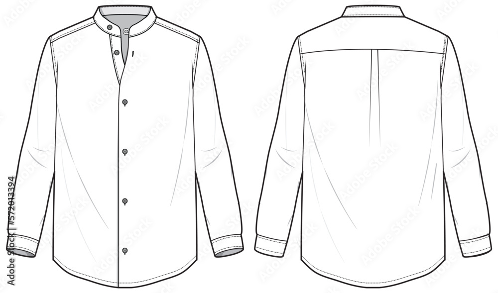 Men's long sleeves band collar formal shirt flat sketch illustration front and back view