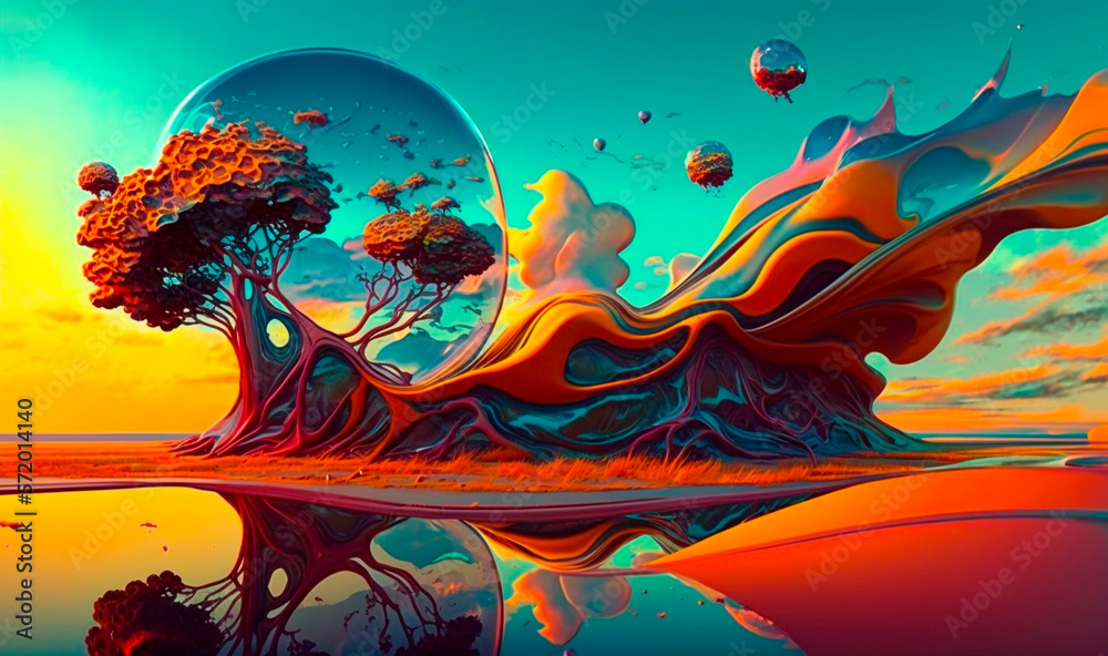 Surreal colorful landscape with fluid gradient. Yellow and purple abstract mountains reflected in river 3d futuristic trees and planets of glassomorphism multiverse
