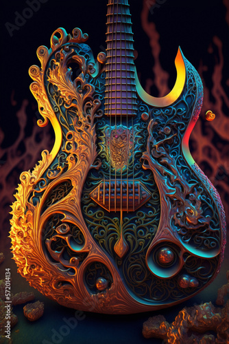 Colorful, psychedelic guitar with intricate details and ornaments. Created with Generative AI technology.