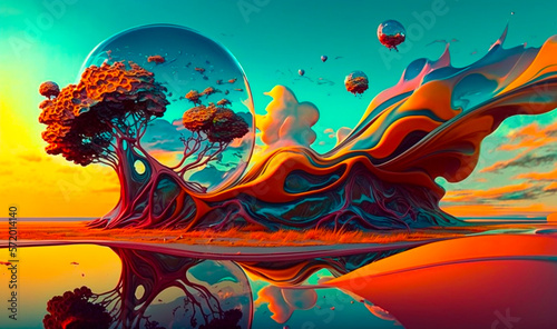 Surreal colorful landscape with fluid gradient. Yellow and purple abstract mountains reflected in river 3d futuristic trees and planets of glassomorphism multiverse