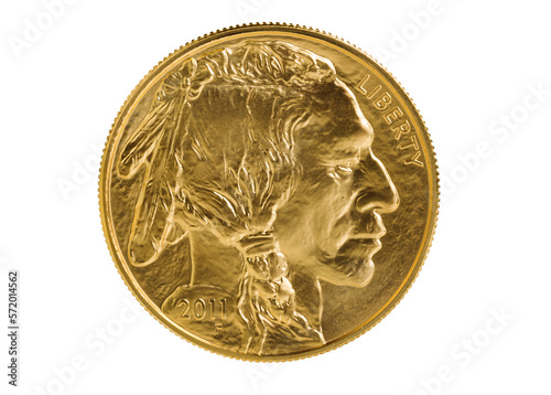 Obverse side of American Gold Buffalo coin on transparent background 