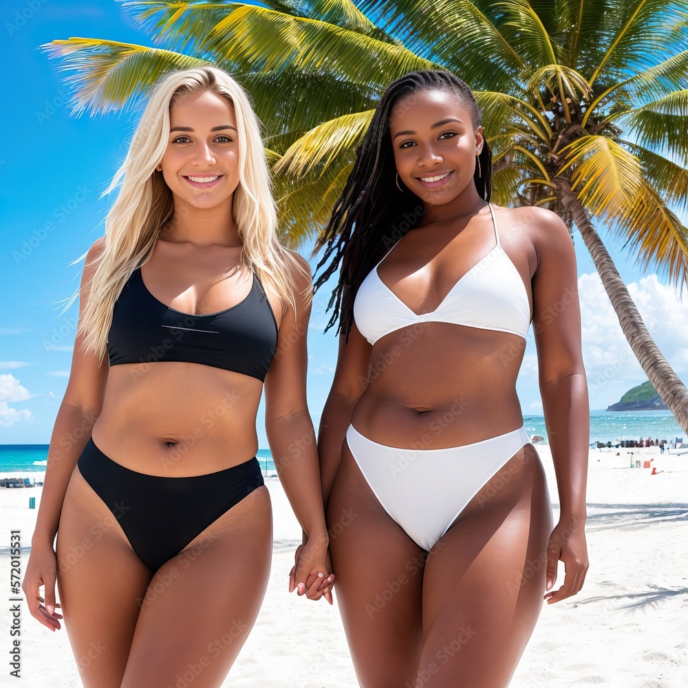 Two attractive girls in bikinis walking on the beach. Happy women walking  and holding hands on white sand beach. Summer vacation holiday lifestyle.  Generated by AI Stock Illustration