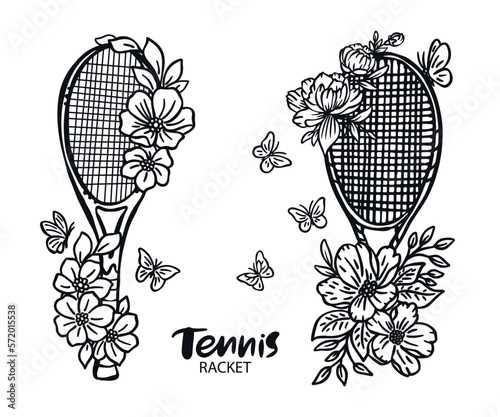 Collection of vector illustrations with tennis rackets, flowers and butterflies. Sports print design for an athlete girl.